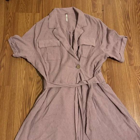Free People Clementine Mauve Short Sleeve Belted Dress Size L Cotton‎ Linen - Picture 3 of 8